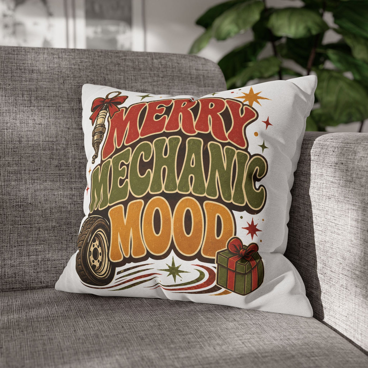 Merry Mechanic Mood Pillowcase Modern Day Christmas  — Festive Automotive Holiday Throw Pillowcase