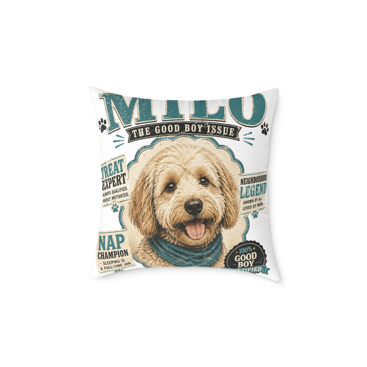 Milo Bailey Dog Dad Mom Square Poly Canvas Pillow — Personalized "Milo The Good Boy Issue" Dog Throw Pillow
