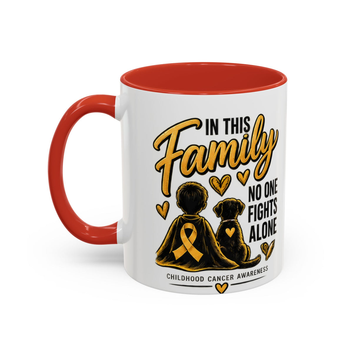 Childhood Cancer Awareness Accent Coffee Mug – "In This Family No One Fights Alone" (11/15oz)