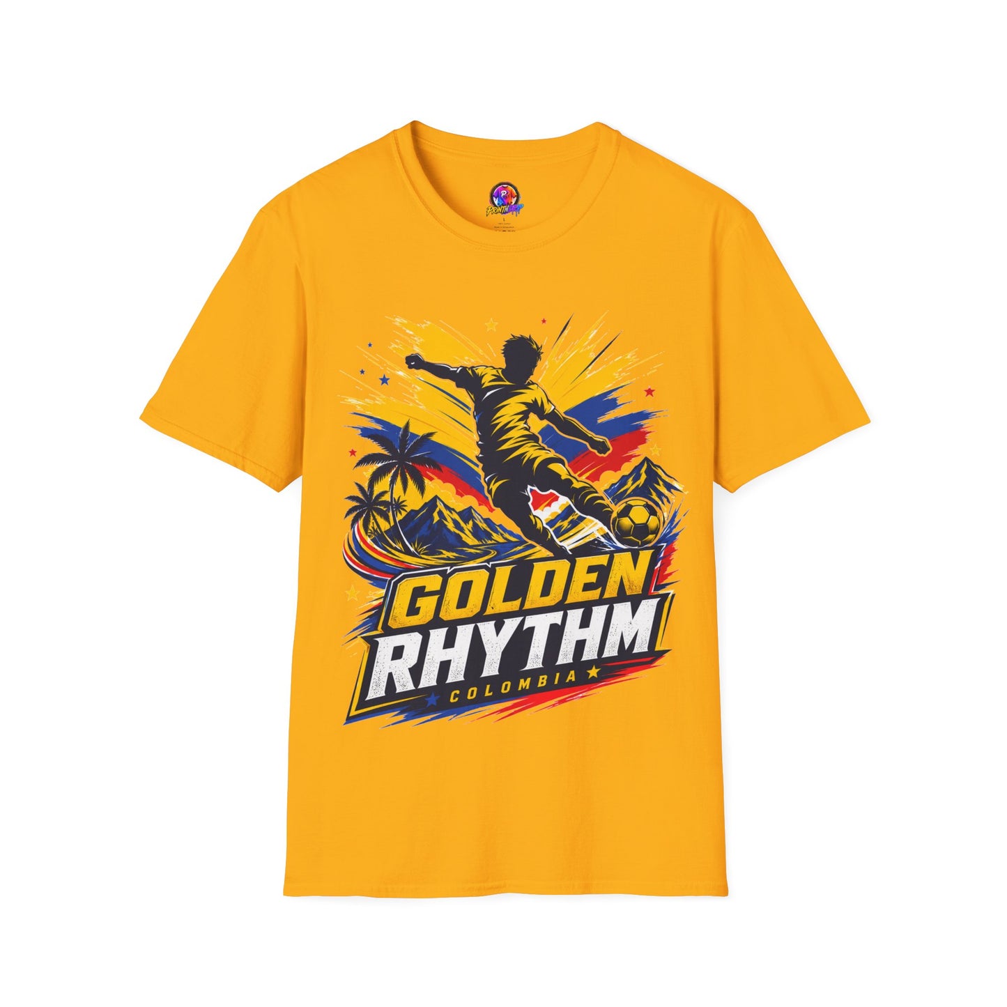 Columbia Soccer Player Graphic T-Shirt — "Golden Rhythm" Vibrant Beach Soccer Tee