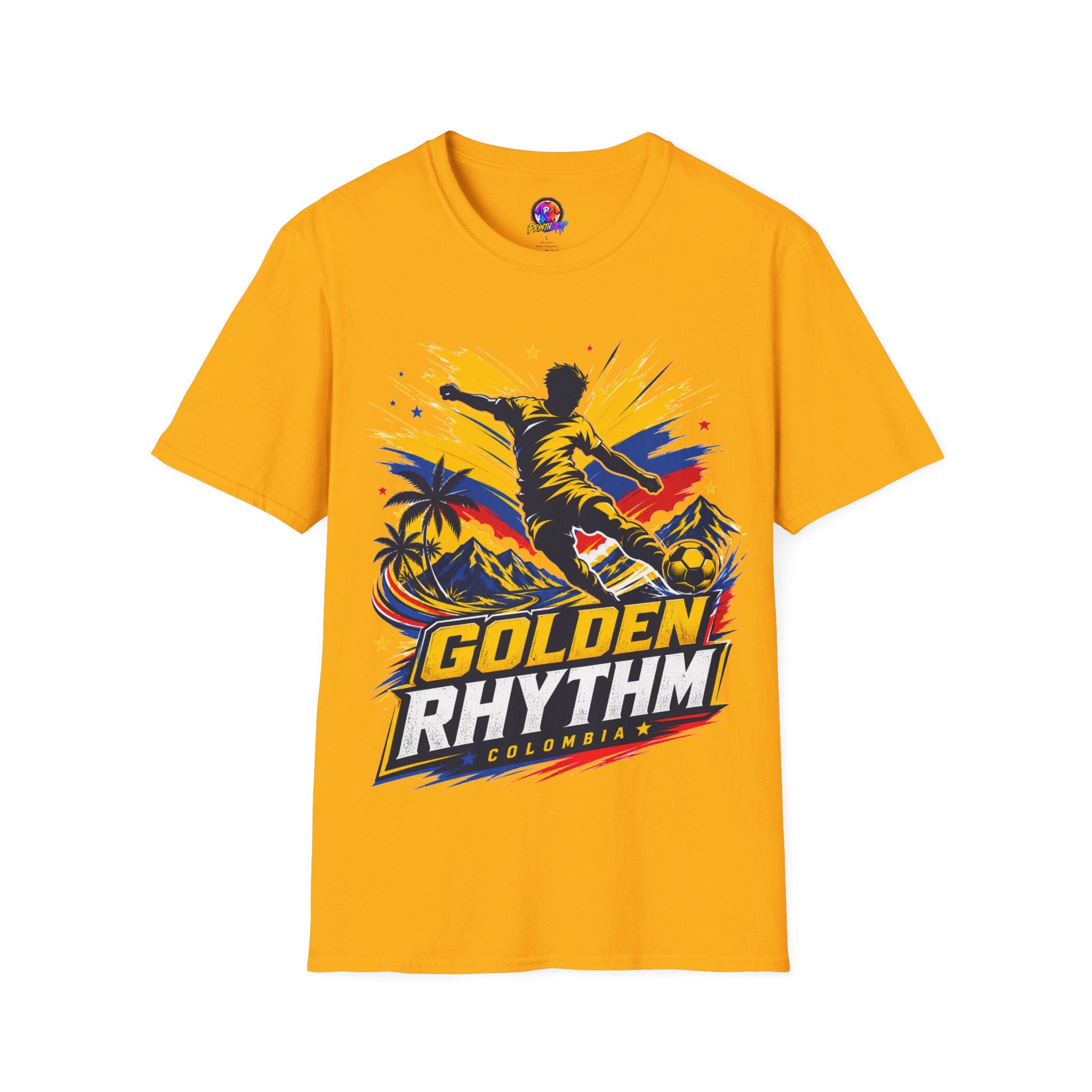 Columbia Soccer Player Graphic T-Shirt — "Golden Rhythm" Vibrant Beach Soccer Tee