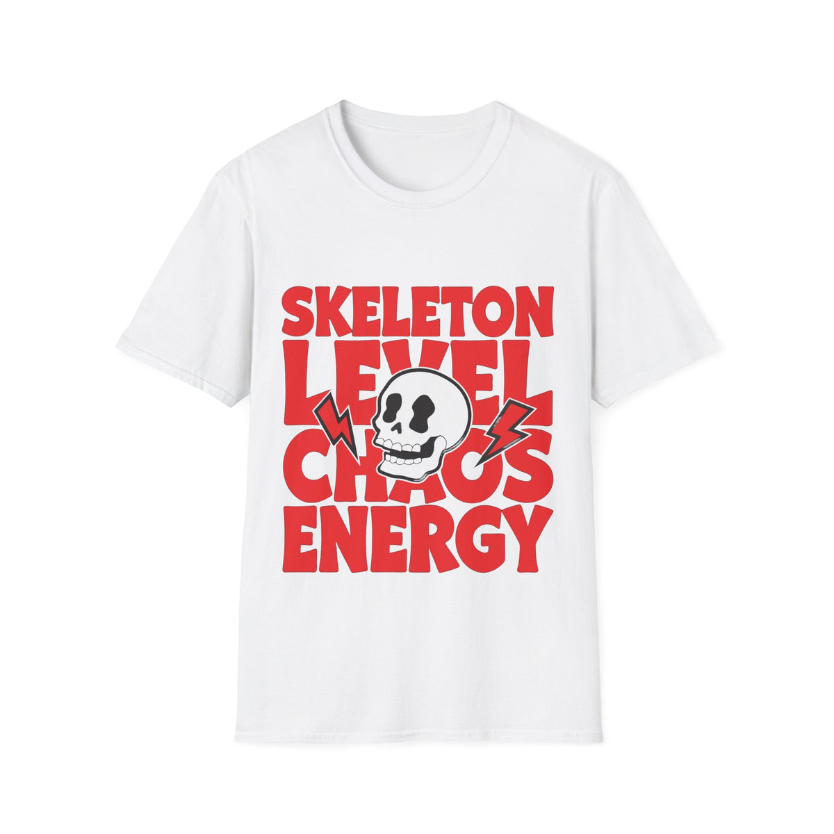 Skeleton Level Chaos Energy Red Block Tee - Bold Skull Lightning Graphic T-Shirt - Trending Now - September 2026