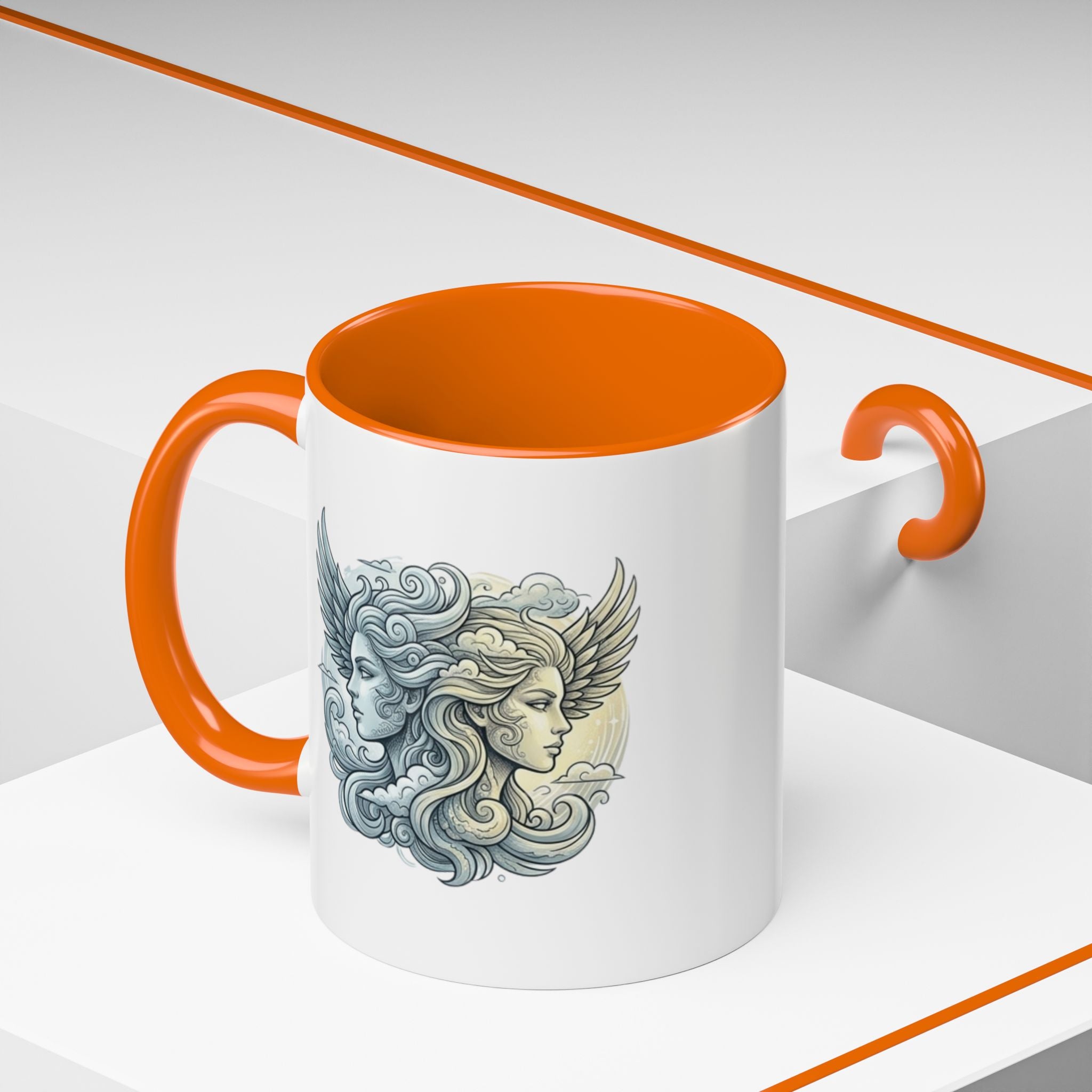 Gemini Twins Accent Coffee Mug — Sun & Moon Winged Faces Illustration