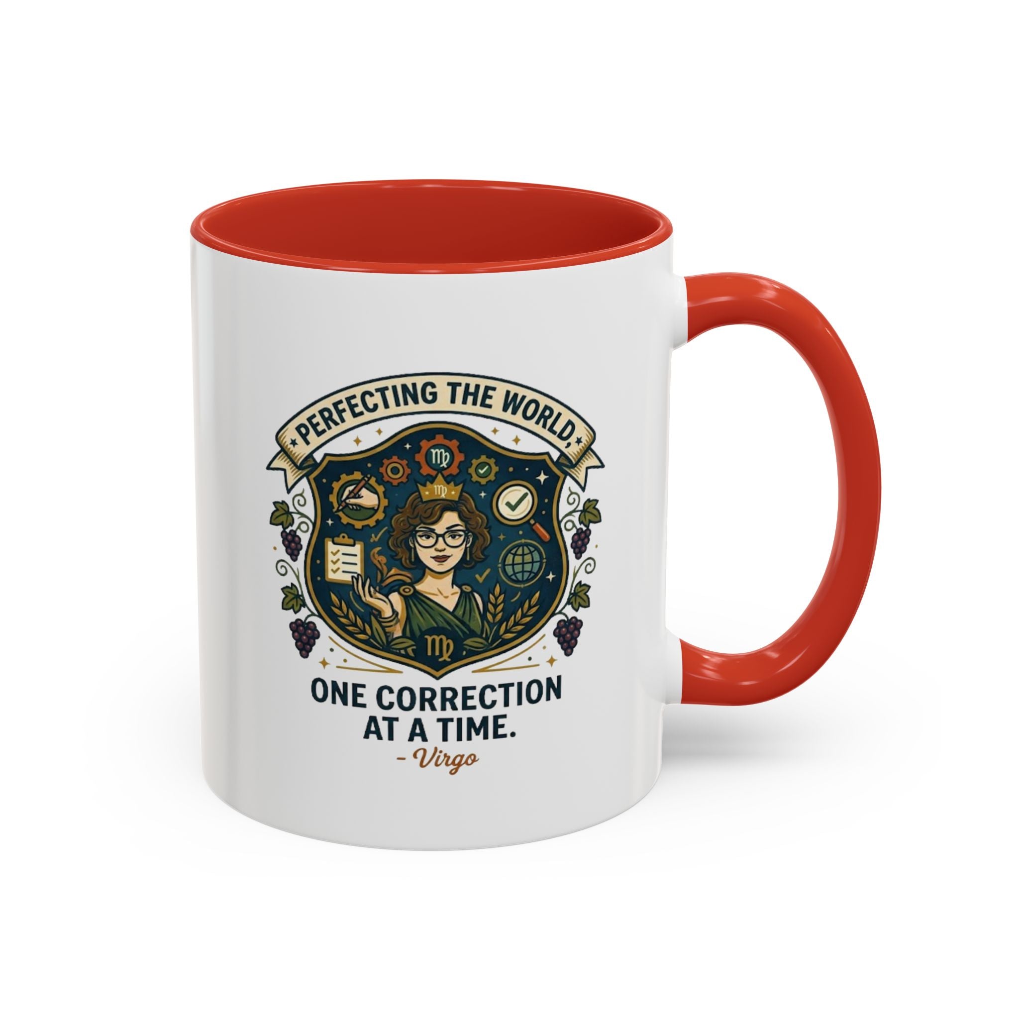 Virgo Coffee Mug — "Perfecting the World: One Correction at a Time" Accent Astrology Gift