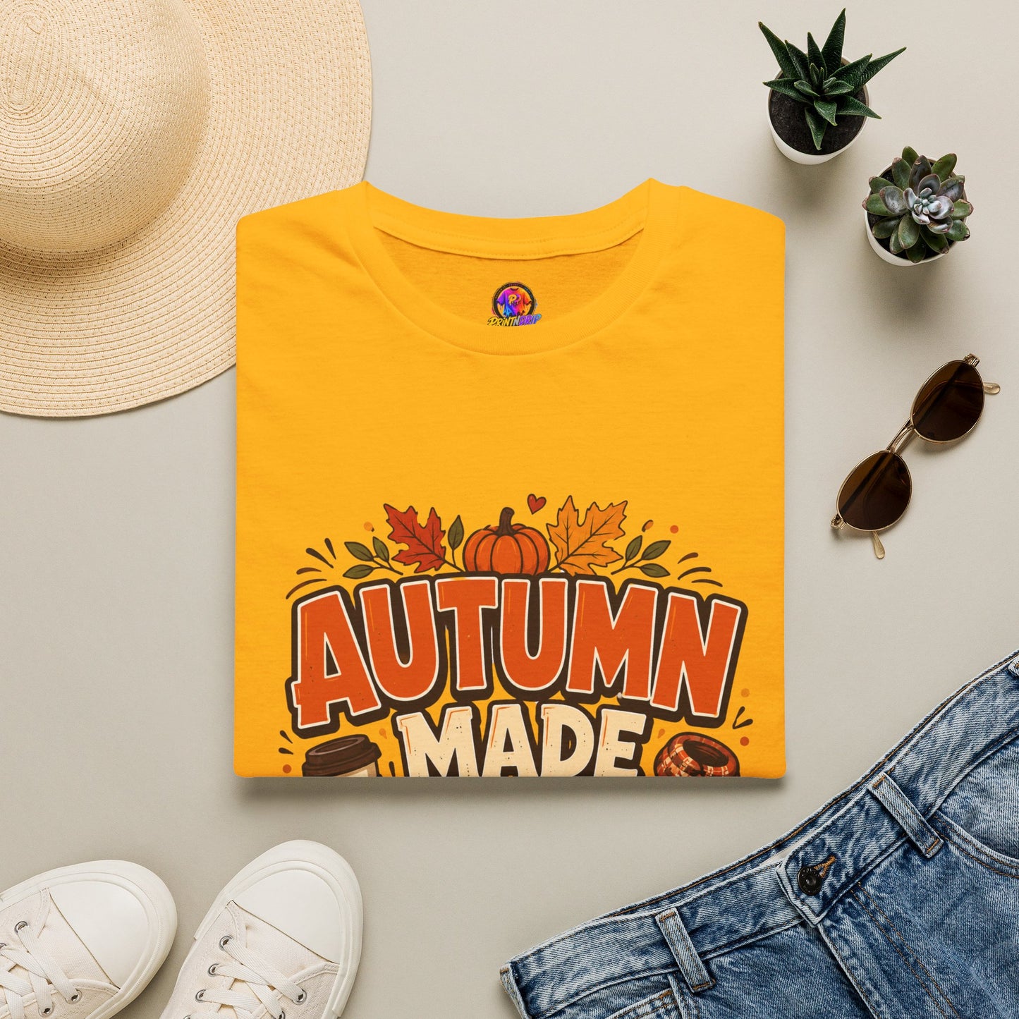 Autumn Made Me Do It T-Shirt — Fall Pumpkin & Leaves Graphic Tee