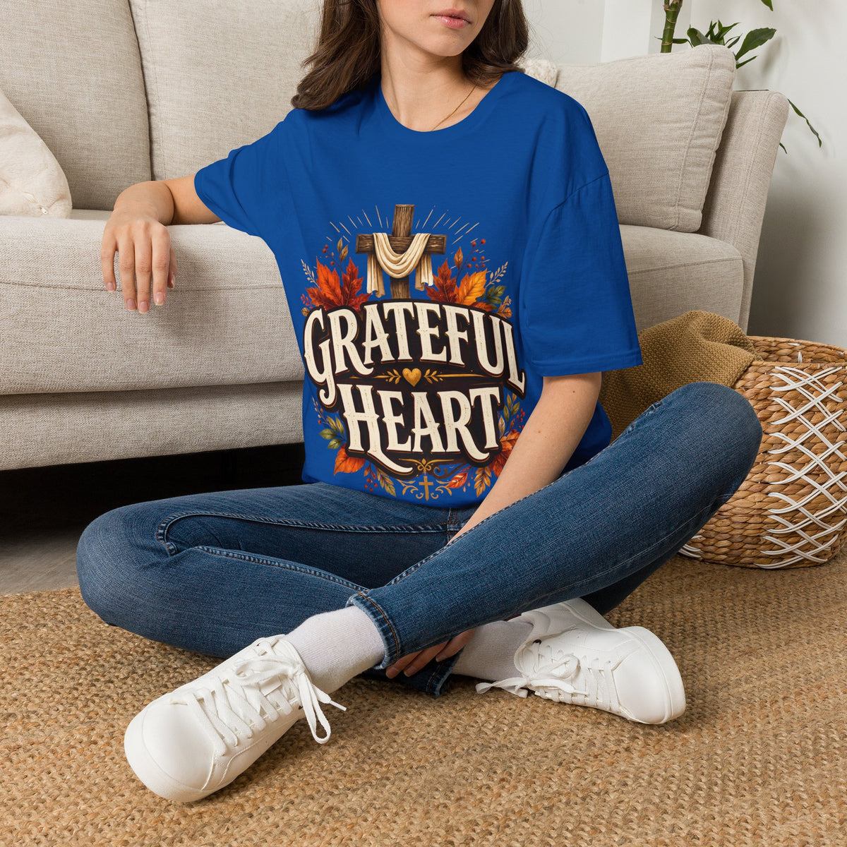 Thanksgiving T-Shirt Grateful Heart T-Shirt — Christian Cross & Autumn Leaves Thanksgiving Tee
