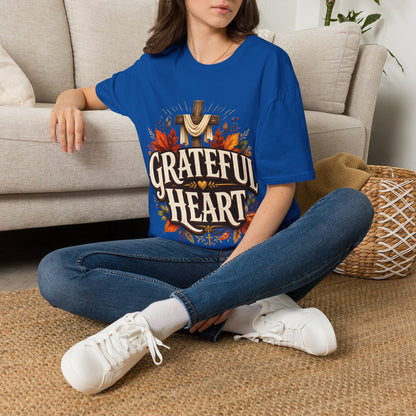 Grateful Heart T-Shirt — Christian Cross & Autumn Leaves Thanksgiving Tee