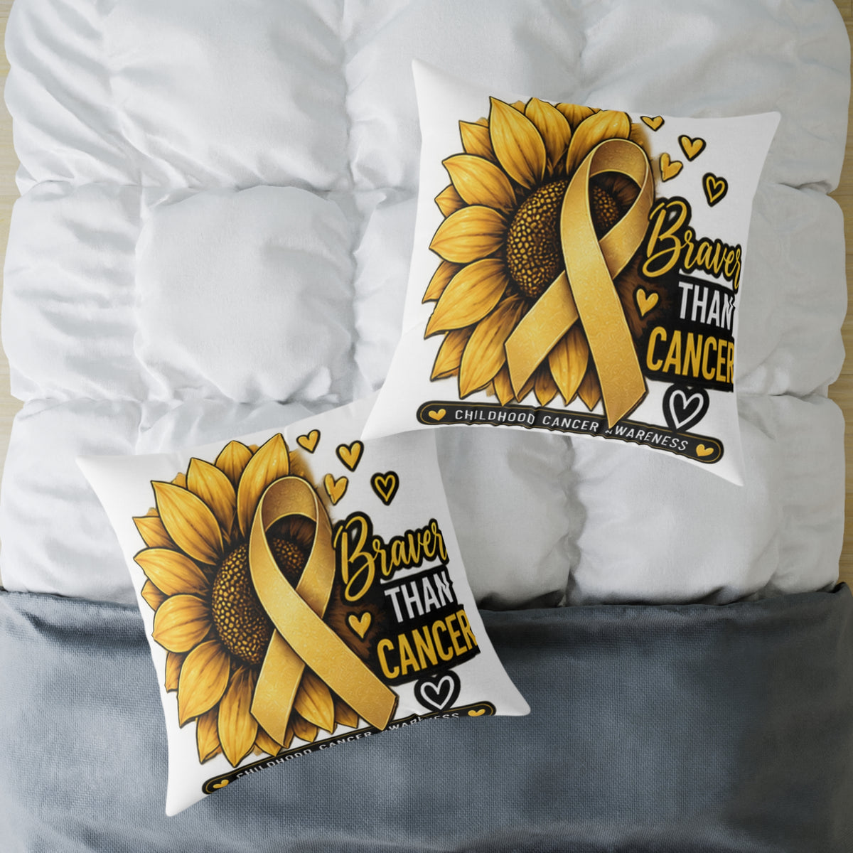 Sunflower Gold Ribbon Pillow —Childhood Cancer  'Braver Than Cancer' Awareness Throw Pillow