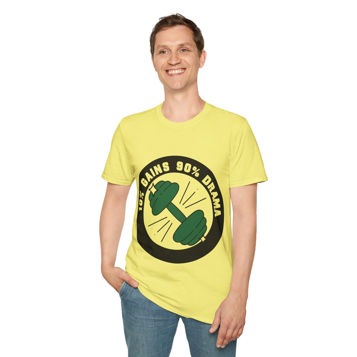 10% Gains 90% Drama Dumbbell T-Shirt - Funny Gym Circle Logo Graphic Tee - Trending Now - September 2026