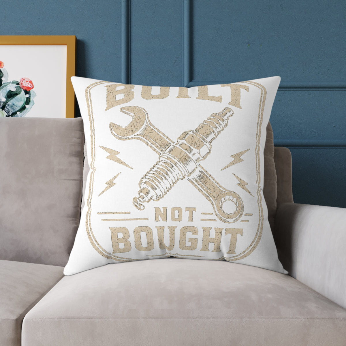 Built Not Bought Pillow Milo Bailey Dog Dad Mom — Automotive Wrench & Spark Plug Decorative Throw Pillow