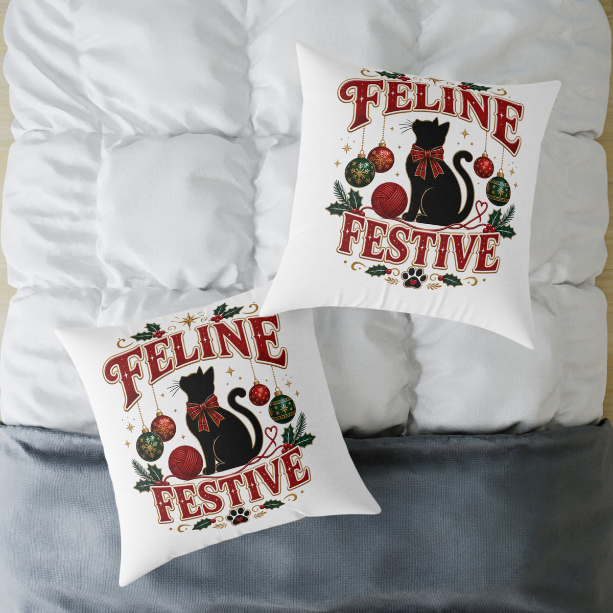 Christmas Feline Festive Square Pillow - Holiday Cat Decor