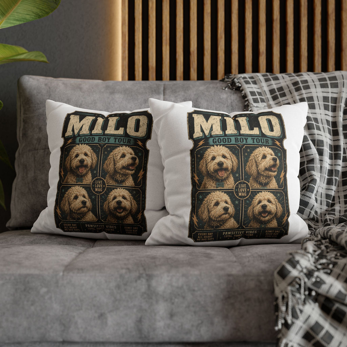 Milo "Good Boy Tour" Square Pillowcase — Cute Dog Portrait Decorative Pillowcase Milo Bailey Dog Dad Mom