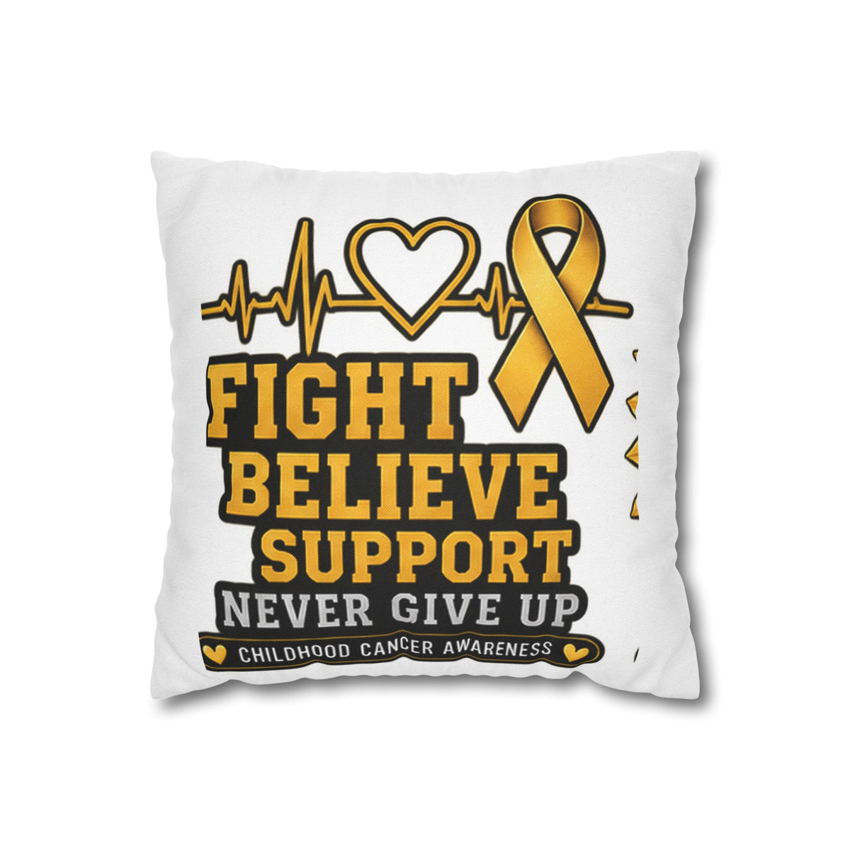 Childhood Cancer Awareness Pillow — "Fight Believe Support Never Give Up" Gold Ribbon Decorative Throw Pillow