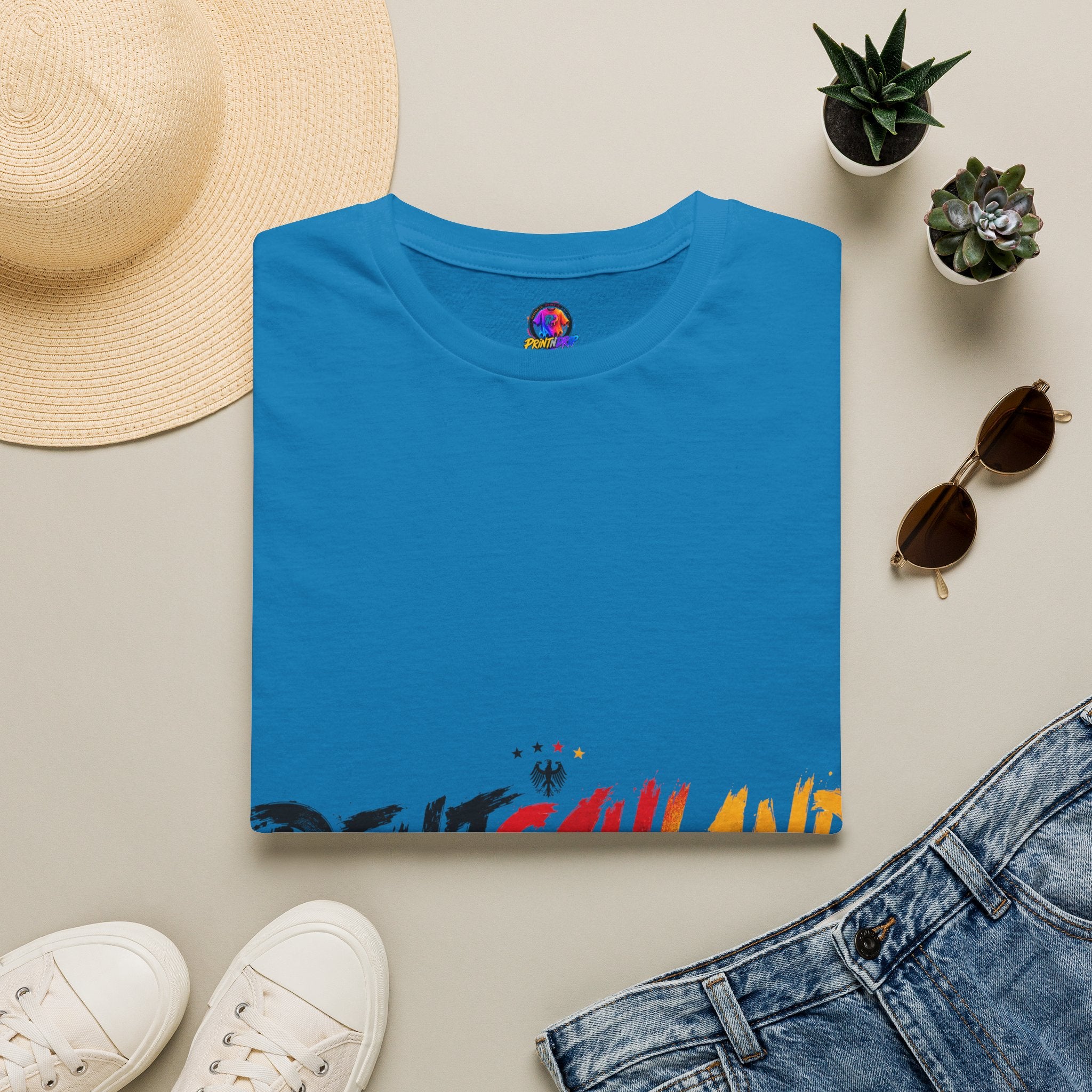 Germany Deutschland Football T-Shirt — Deutschland Script with German Flag Brushstroke