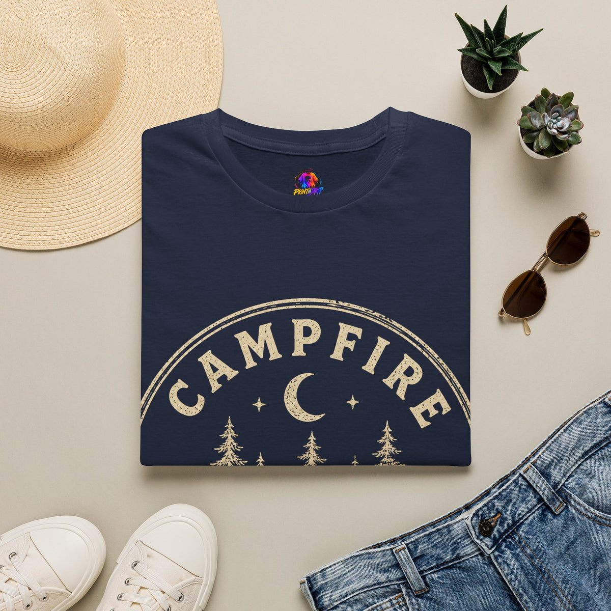 Campfire After Dark T-Shirt — Vintage Moon & Pines Camping Tee