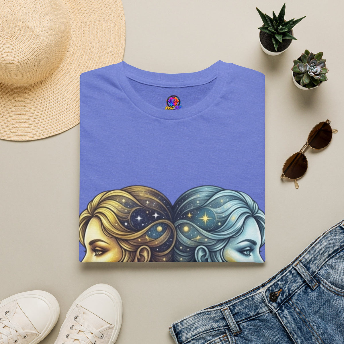 Zodiac Gemini Sun & Moon T-Shirt — Dual Faces Cosmic Design