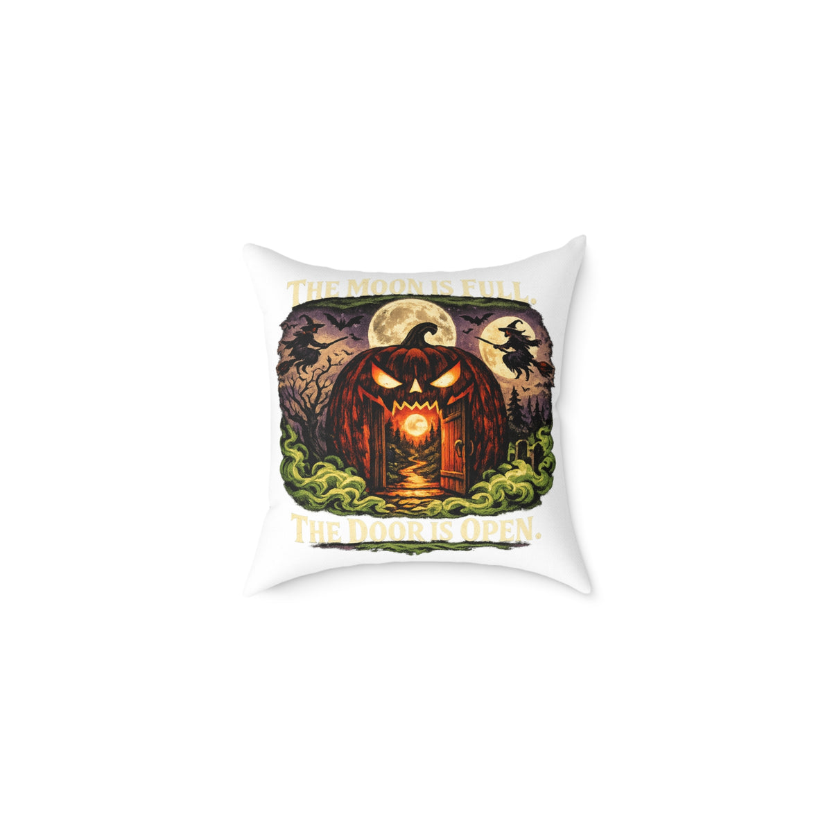 Halloween Pumpkin Doorway Square Pillow — Spooky Haunted House Decorative Throw Pillow