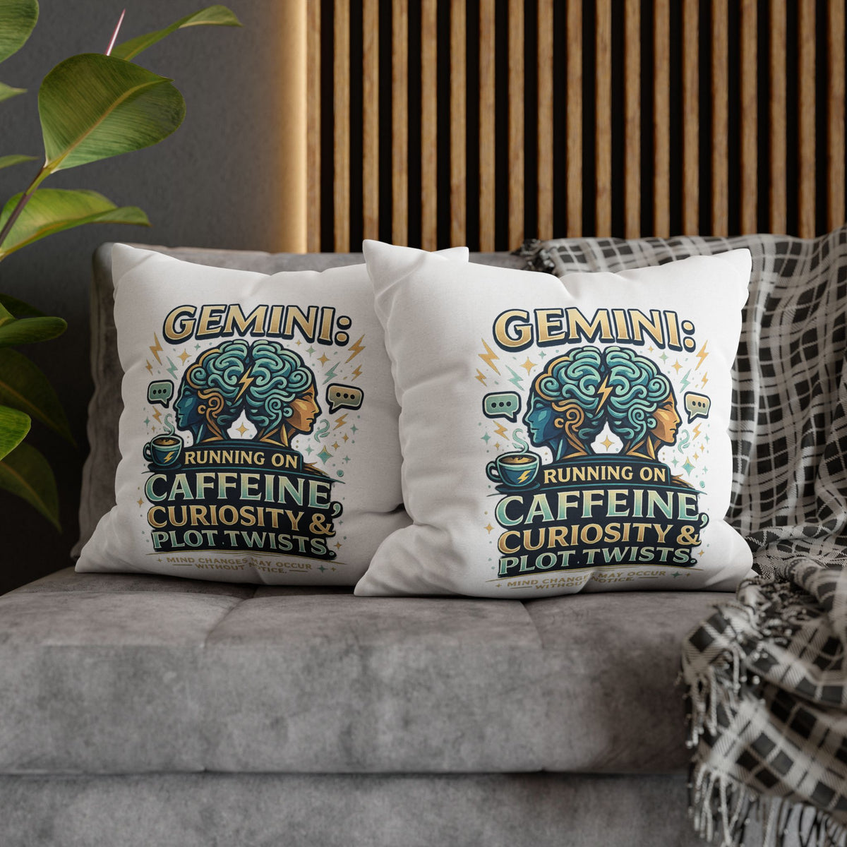 Gemini Decorative Pillow pillowcase — "Running on Caffeine, Curiosity & Plot Twists"