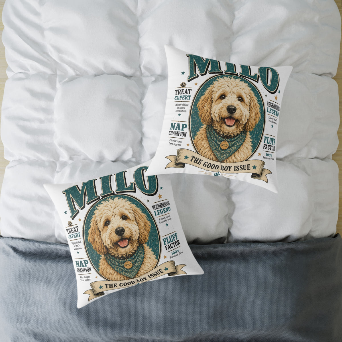 Milo Bailey Dog Dad Mom Square Pillow — "Milo: The Good Boy Issue" Dog Portrait Decorative Throw Pillow