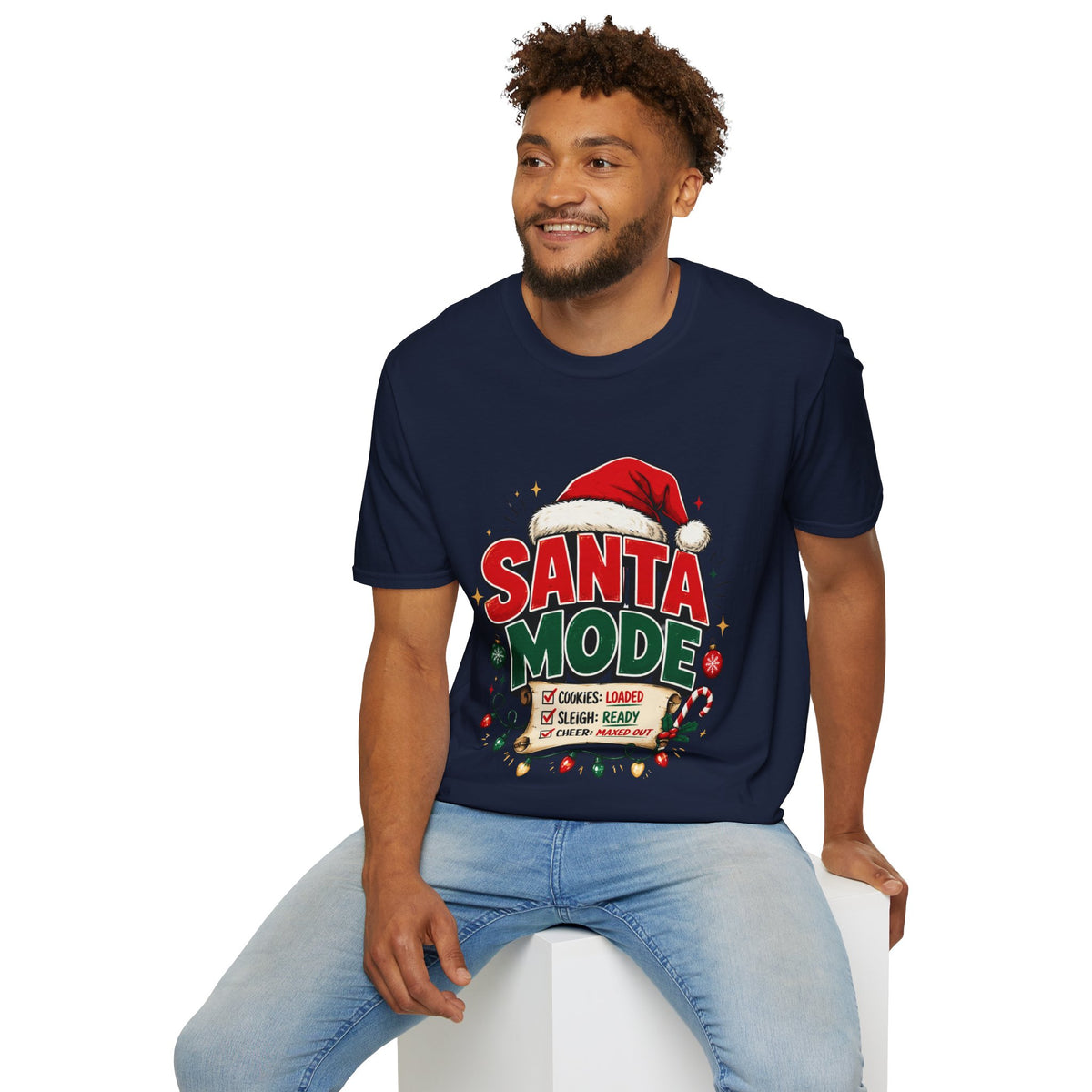 Santa Mode T-Shirt — Holiday Christmas Graphic Tee with Santa Hat