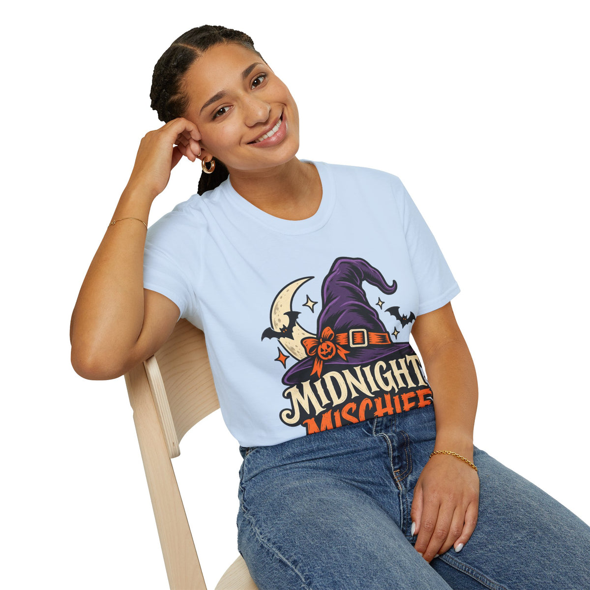 Midnight Mischief Halloween T-Shirt — Witch Hat & Bats Graphic