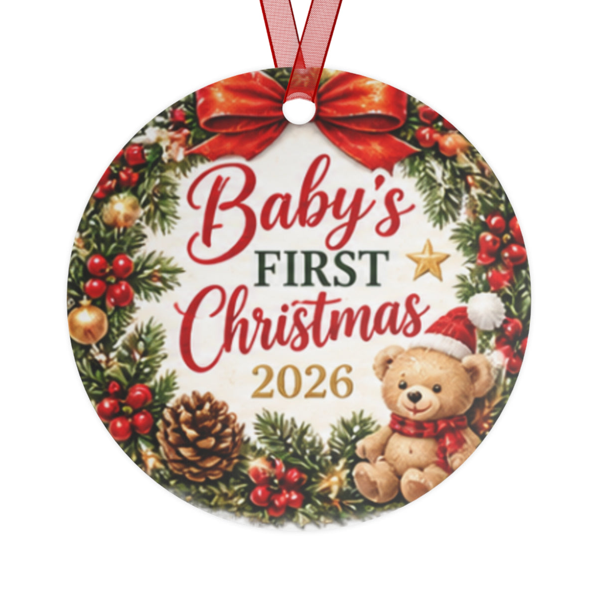 Baby's First Christmas 2026 Metal Ornament — Teddy Wreath Holiday Keepsake