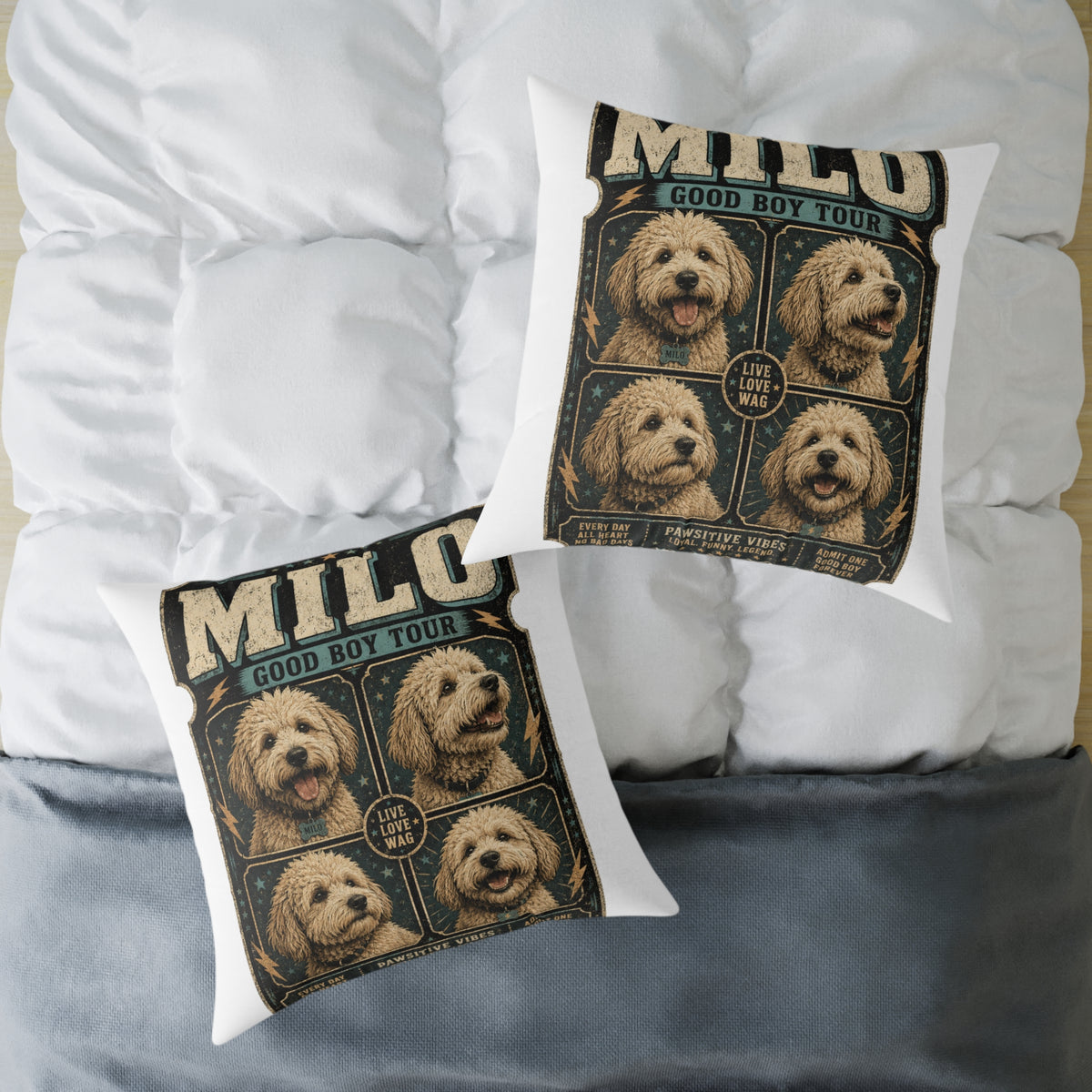 Milo "Good Boy Tour" Dog Photo Square Pillow  Milo Bailey Dog Dad Mom — Cute Pet Portrait Throw Pillow
