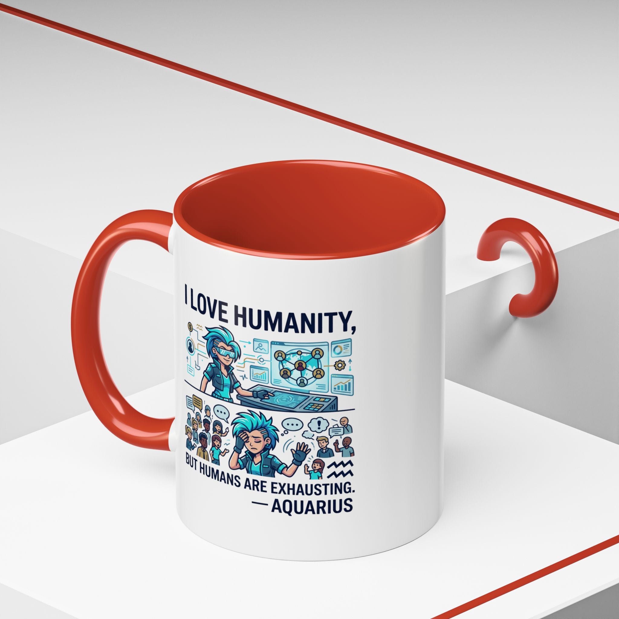 Aquarius Zodiac Coffee Mug — "I Love Humanity, But Humans Are Exhausting" Accent Mug