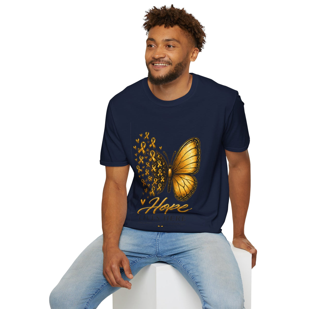 Hope Lives Here Gold Ribbon Butterfly Childhood Cancer Awareness T-Shirt