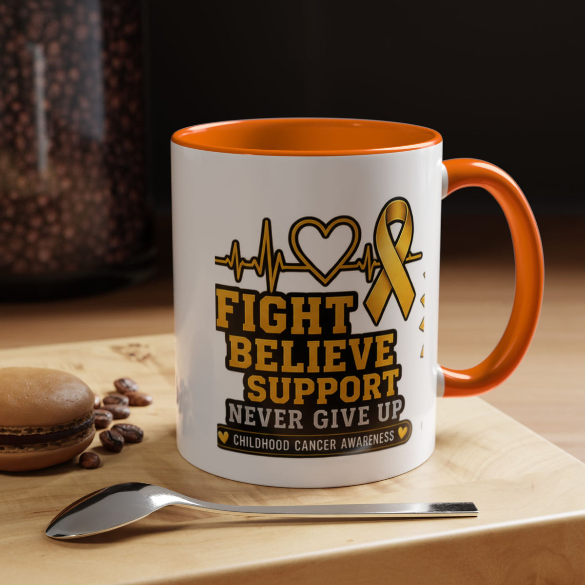 Childhood Cancer Awareness Accent Coffee Mug — "Fight Believe Support" 11/15oz
