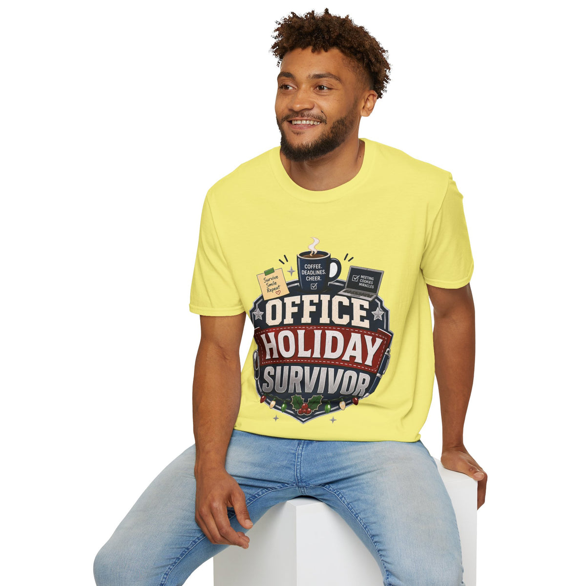 Office Holiday Survivor T-Shirt — Coffee, Deadlines & Cheer Work Shirt