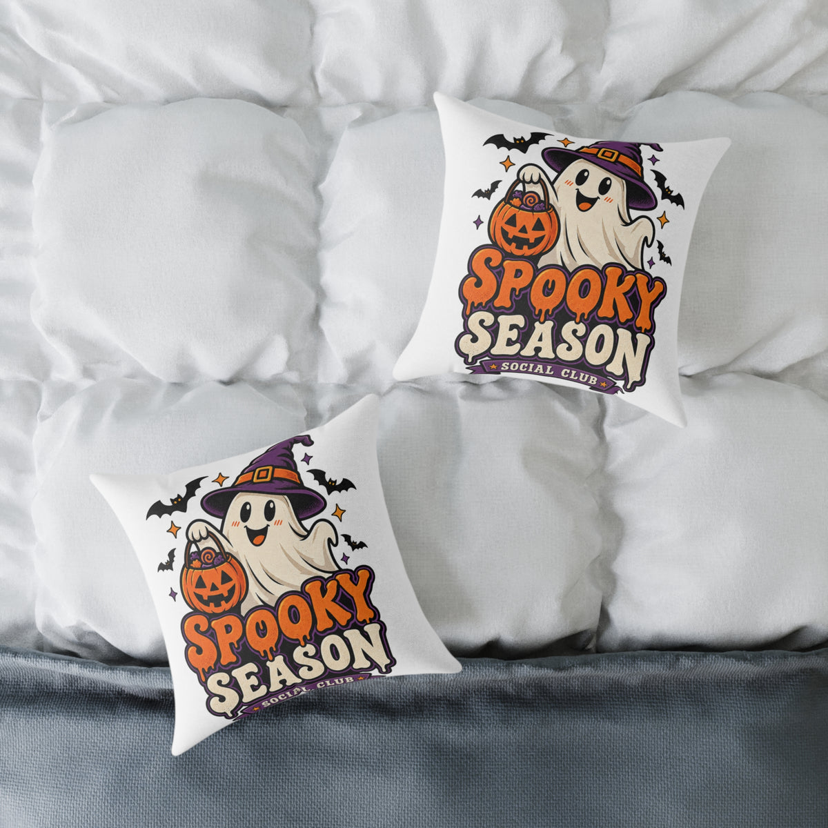 Spooky Season Halloween Pillow - Cute Ghost & Pumpkin Square Throw Pillow