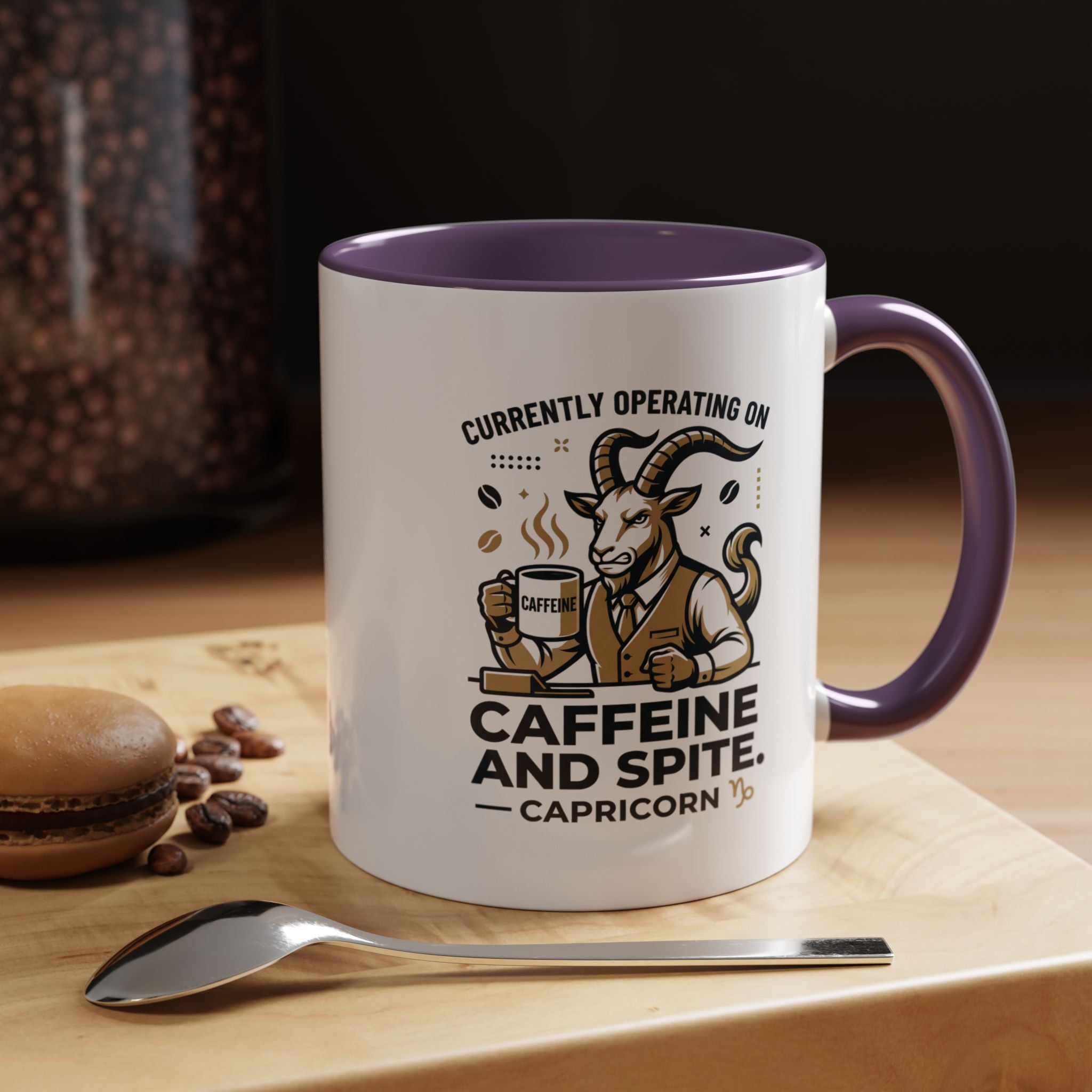 Capricorn Coffee Mug — “Currently Operating on Caffeine and Spite” Accent Mug (11/15oz)