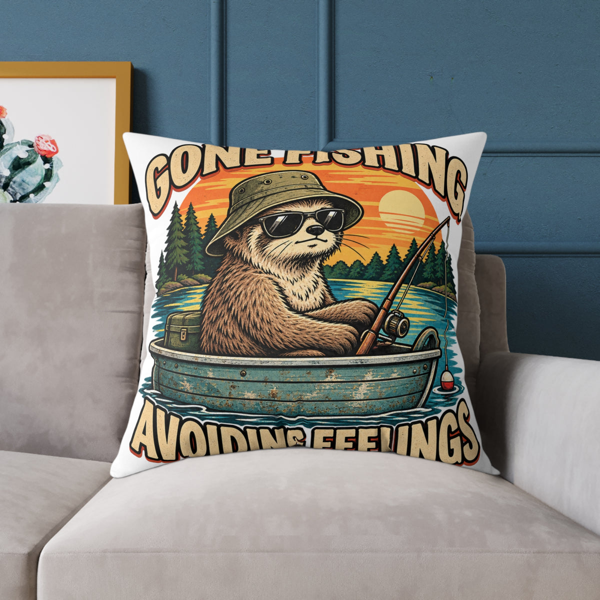 Gone Fishing Pillow —Funny  'Gone Fishing, Avoiding Feelings' Sloth Fishing Decorative Throw Pillow