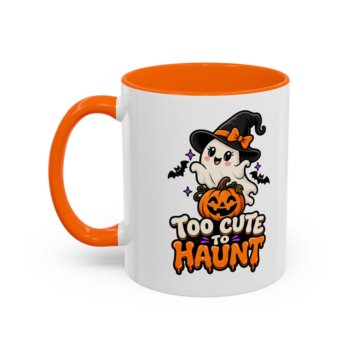 Halloween Coffee Mug - 'Too Cute to Haunt' Ghost Pumpkin Accent Mug