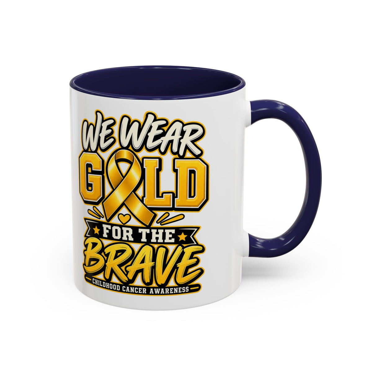 Childhood Cancer Awareness Accent Coffee Mug – "We Wear Gold for the Brave" (11/15 oz)