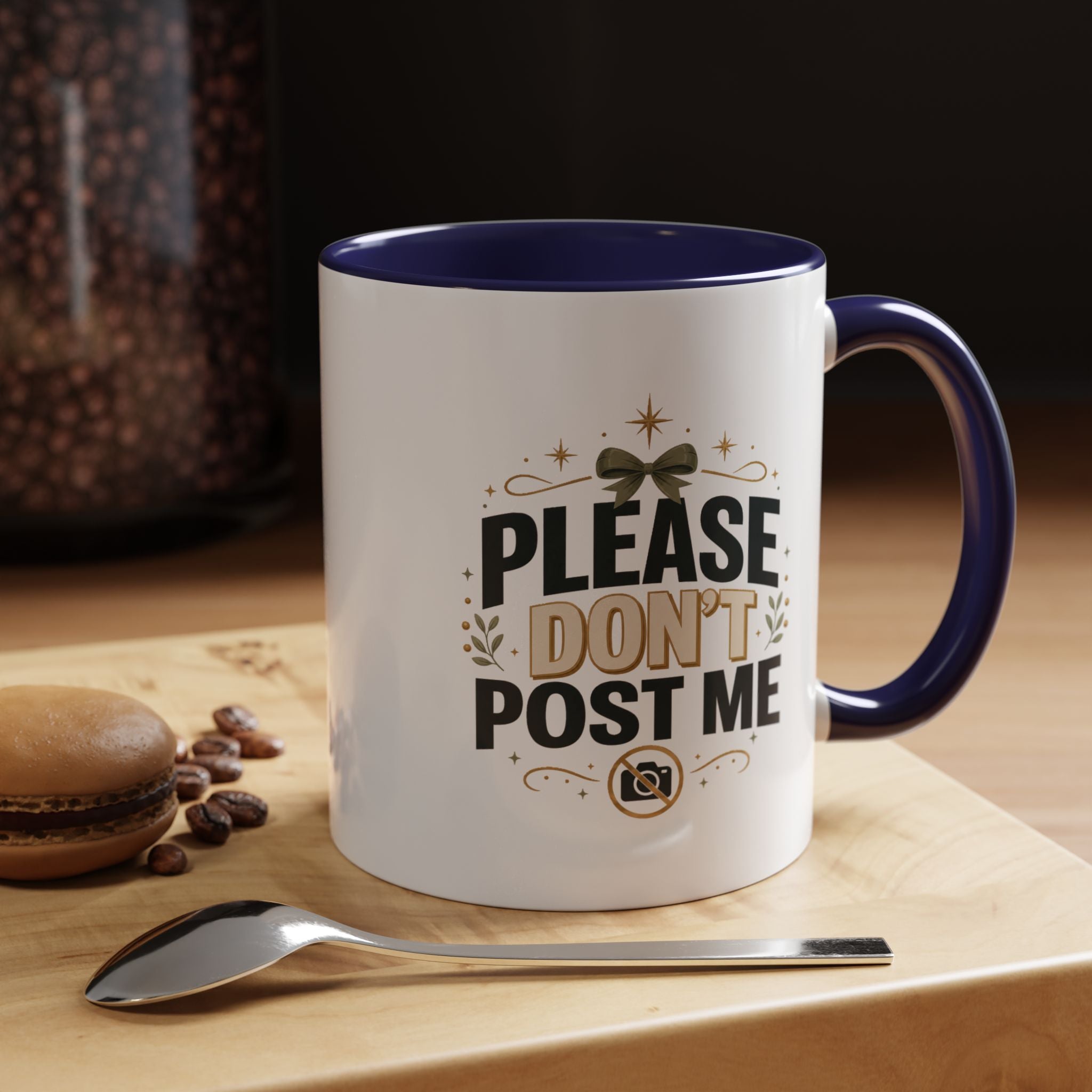 Christmas Please Don't Post Me Accent Coffee Mug — Funny Privacy Camera Gift