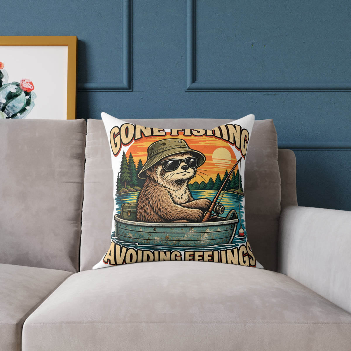 Gone Fishing Pillow —Funny  'Gone Fishing, Avoiding Feelings' Sloth Fishing Decorative Throw Pillow