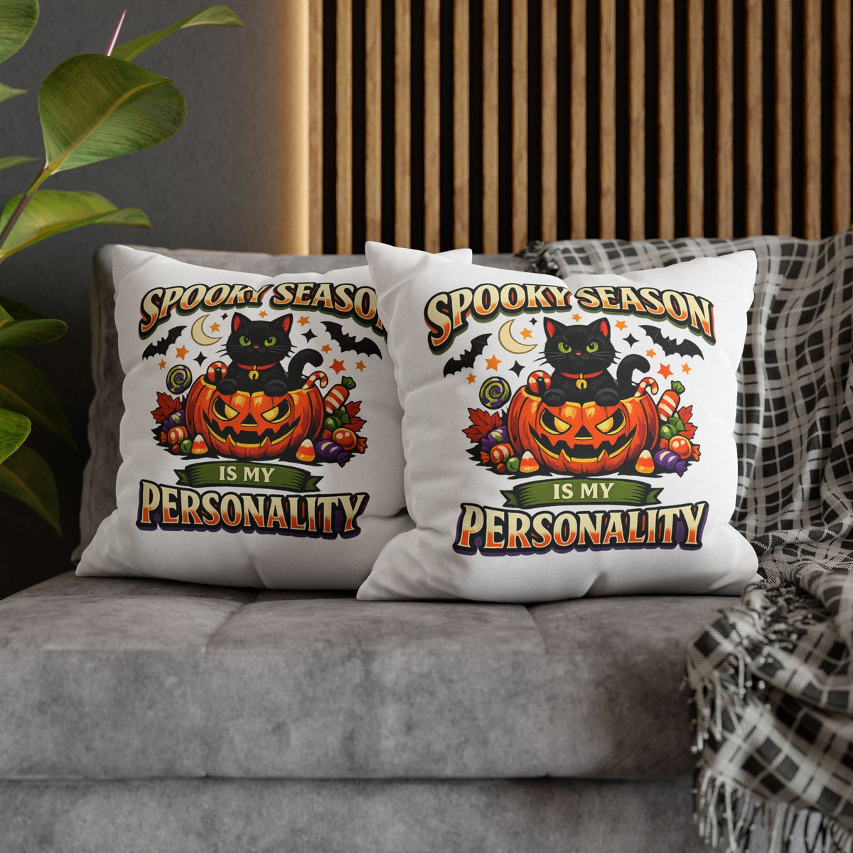 Halloween Pillowcase — "Spooky Season Is My Personality" Black Cat Pumpkin Decorative Pillow