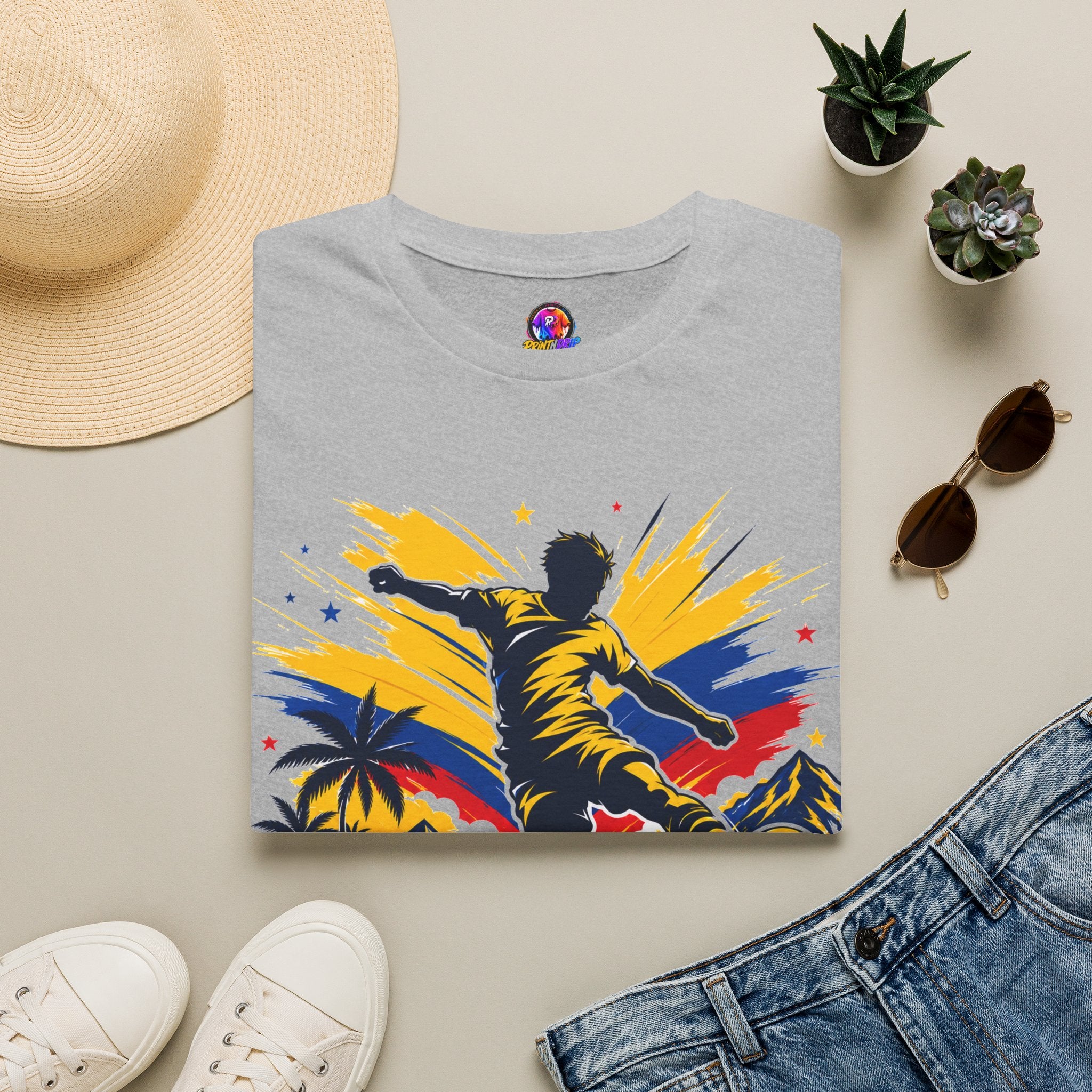 Columbia Soccer Player Graphic T-Shirt — "Golden Rhythm" Vibrant Beach Soccer Tee