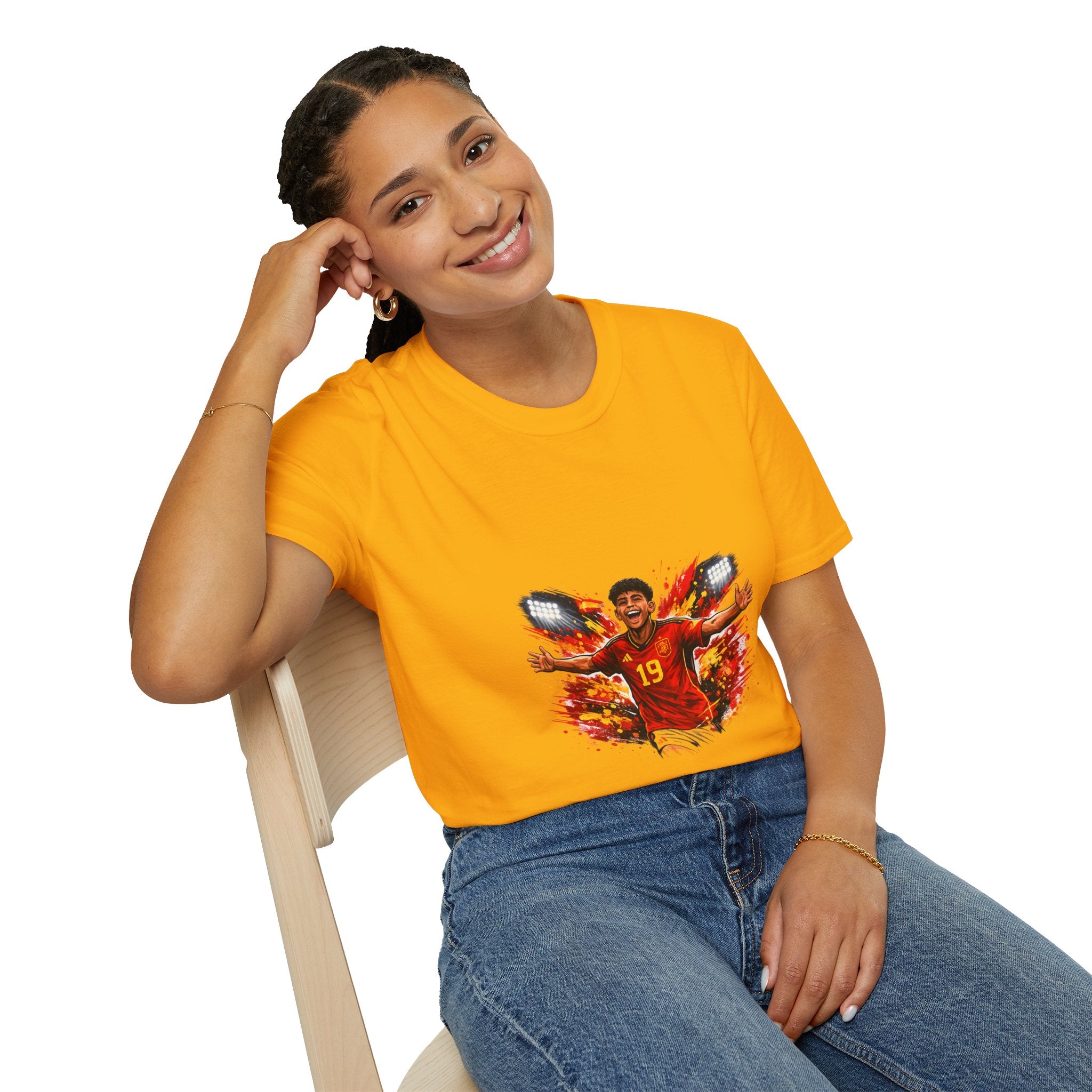 Spain Soccer Fan Portrait T‑Shirt – Fiery Goal Celebration Design