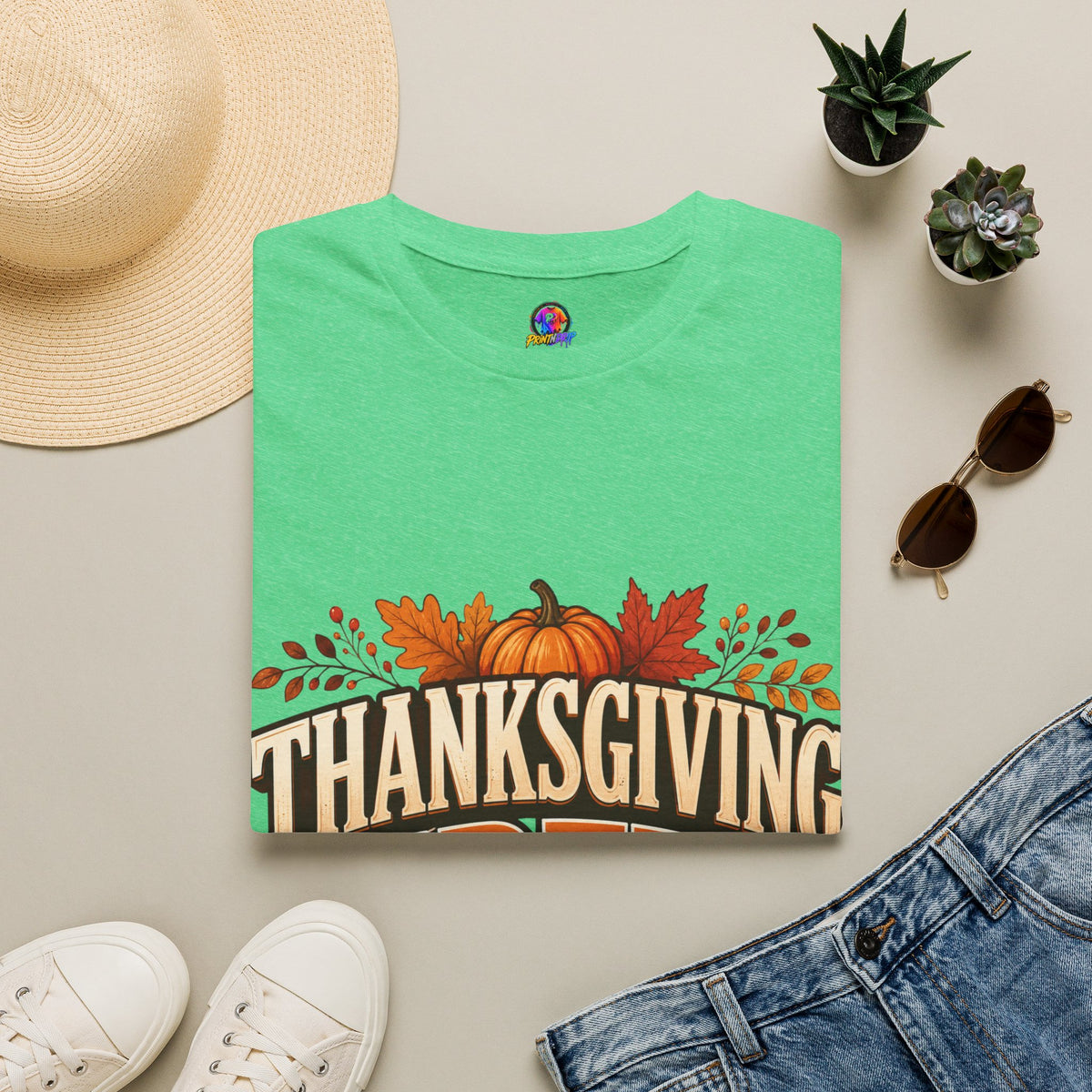 Thanksgiving T-Shirt Crew T-Shirt— Festive Pumpkin & Fall Leaves Holiday Tee