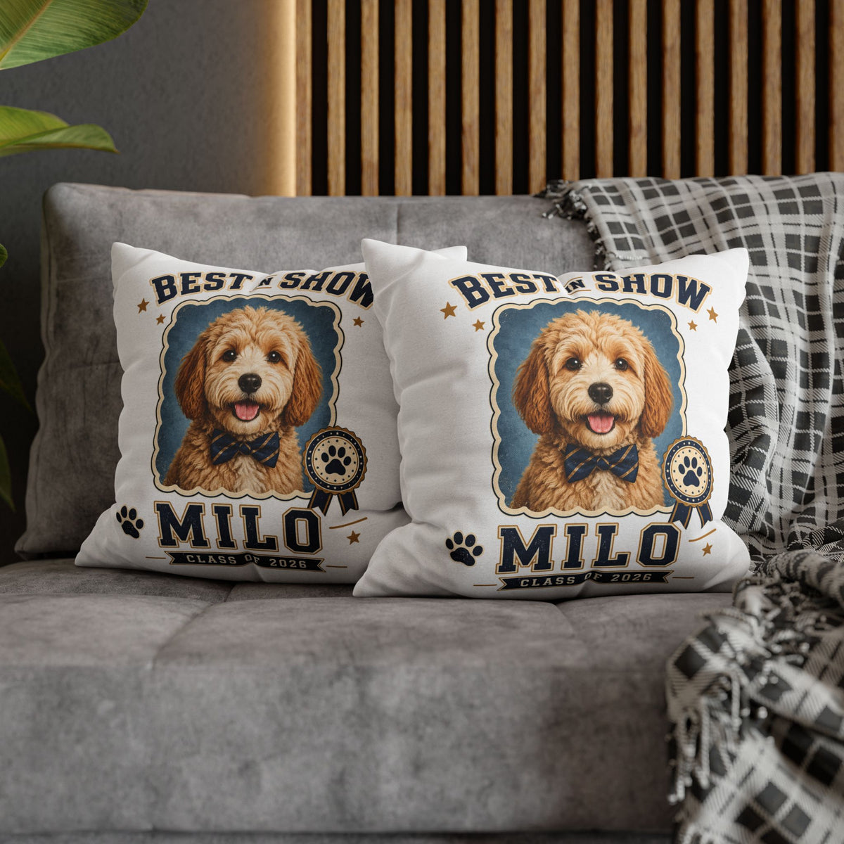 Best in Show Personalized Dog Pillowcase — "Milo" Pet Portrait Cushion (Class of 2026) Milo Bailey Dog Dad Mom