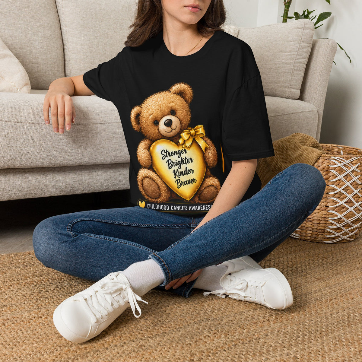 Childhood Cancer Awareness Teddy T-Shirt — "Stronger Brighter Kinder Braver"