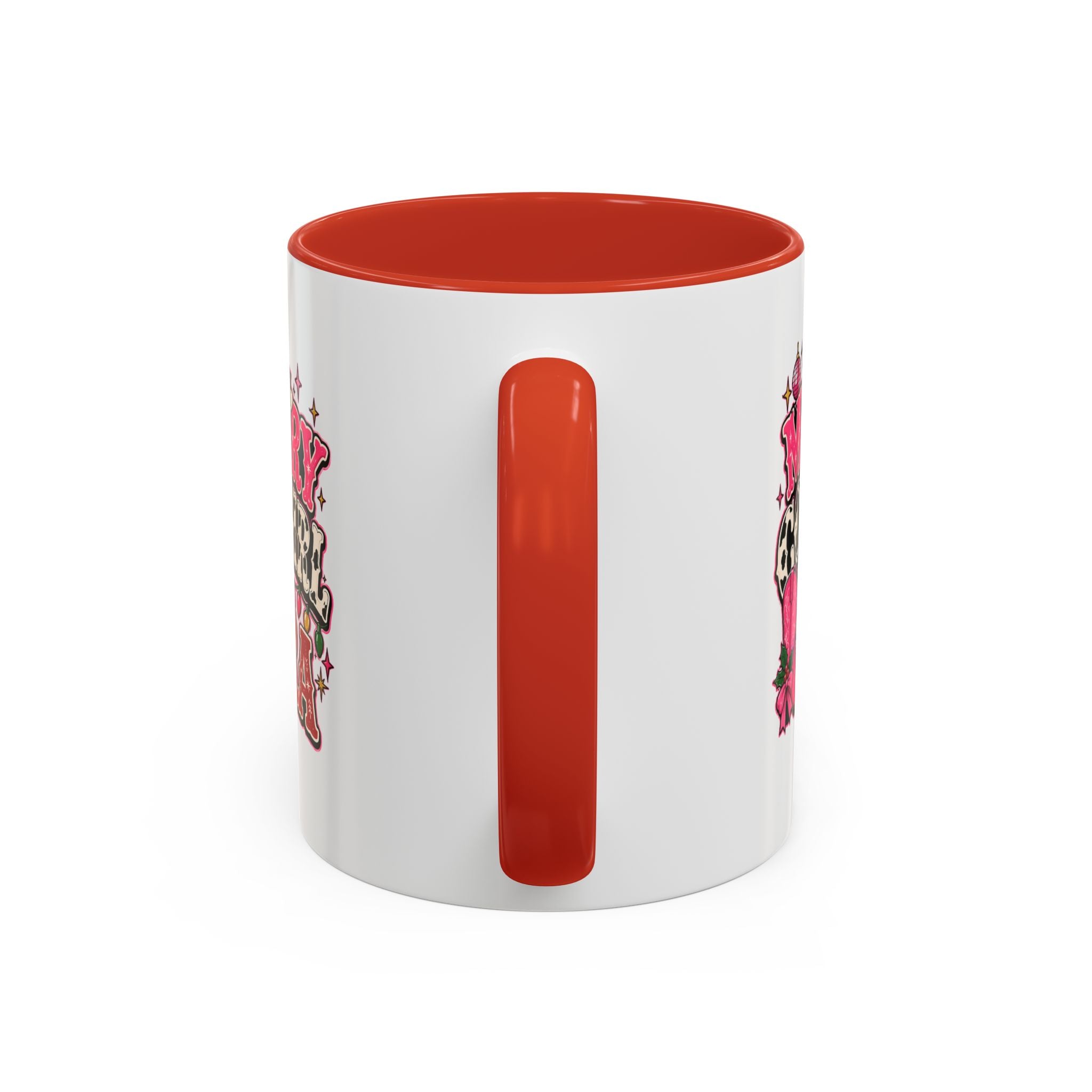 Modern Day Christmas Merry Cowgirl Era Accent Coffee Mug — Festive Pink Western Cowboy Boots & Hat Mug