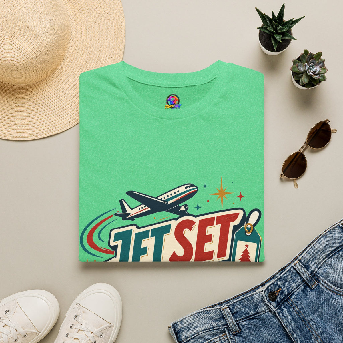 Jet Set Jingle Travel T-Shirt — Retro Airplane Vacation Graphic