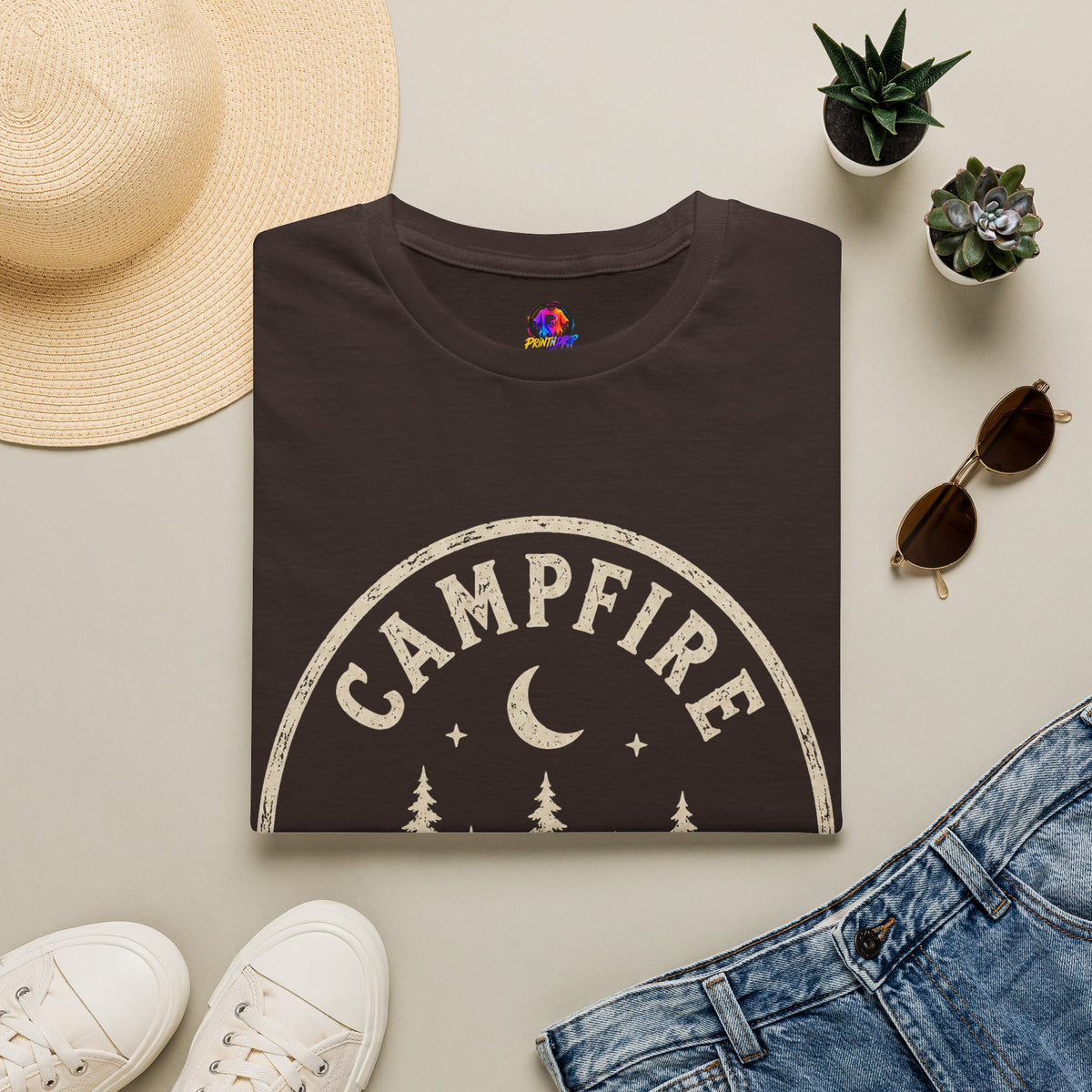 Campfire T-Shirt — 'Campfire After Dark' Vintage Moon & Trees Graphic