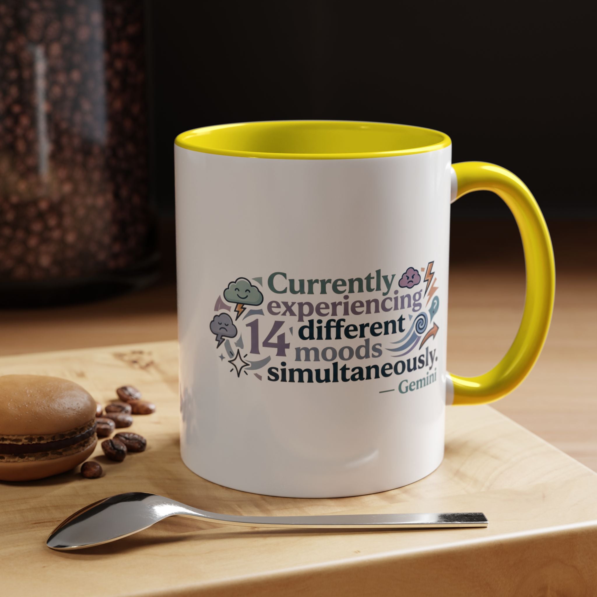 Gemini Mood Coffee Mug — "Currently Experiencing 14 Different Moods" Accent Ceramic Mug