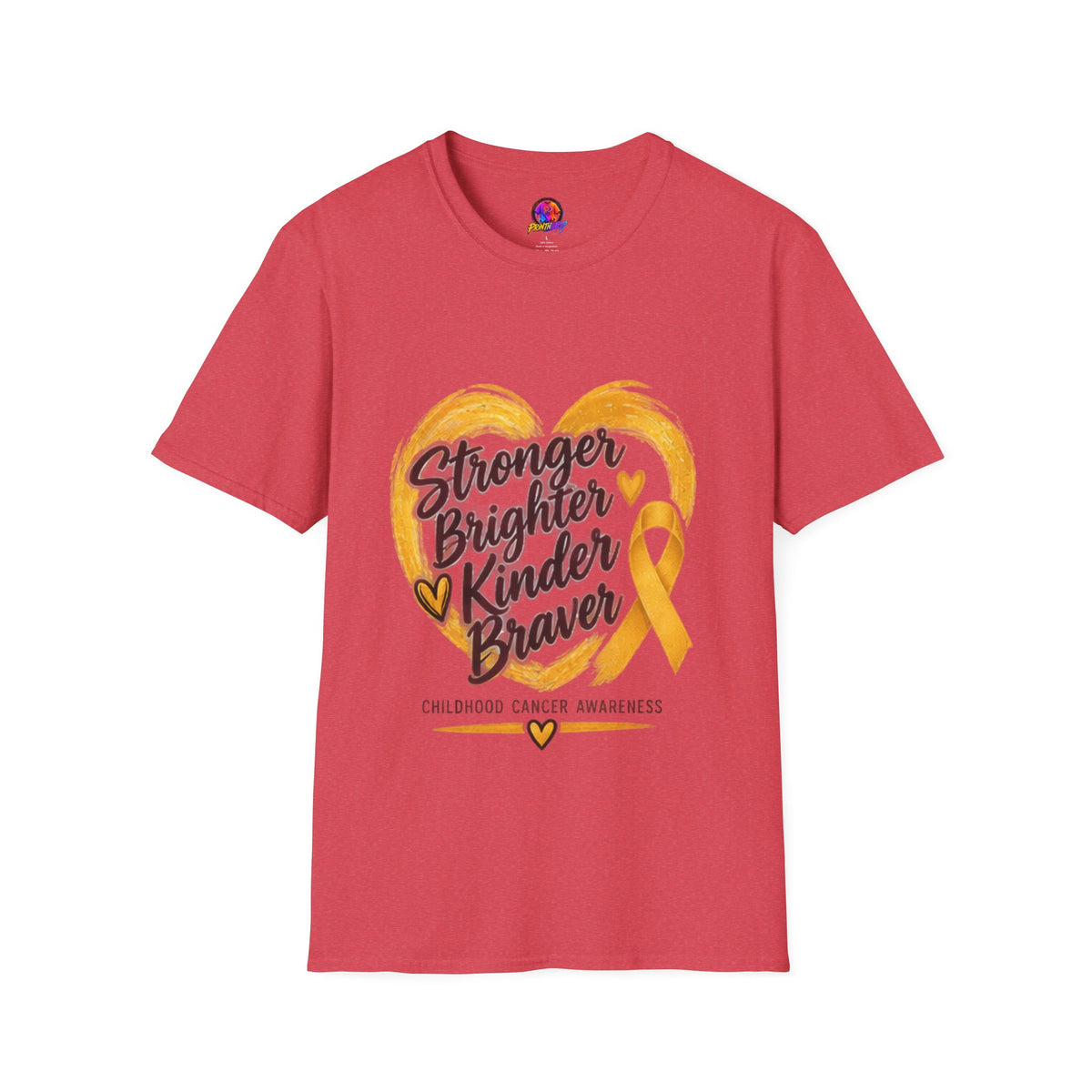 Childhood Cancer Awareness T-Shirt — "Stronger Brighter Kinder Braver" Gold Ribbon