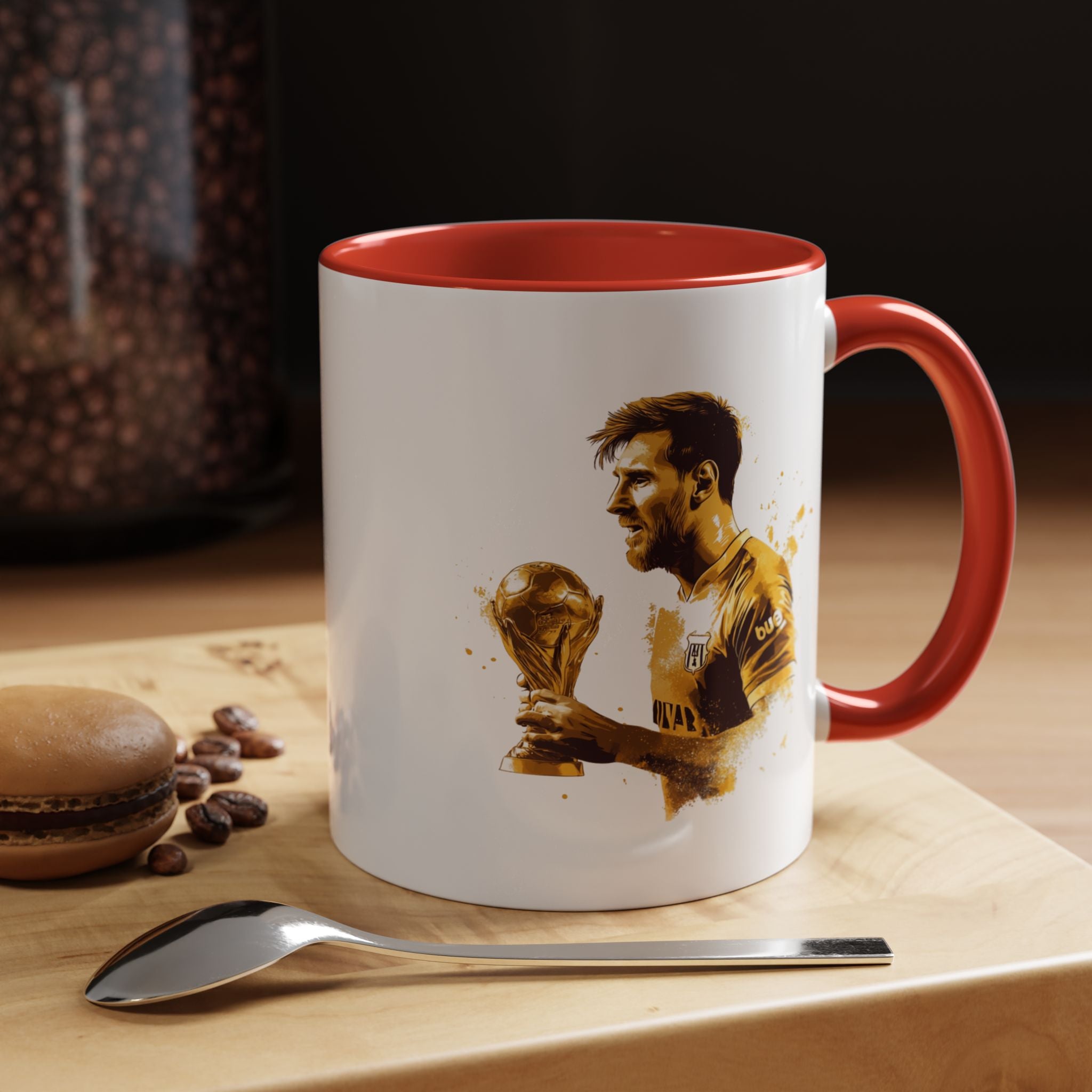 Soccer Legend Coffee Mug — Player Holding Trophy Accent Mug